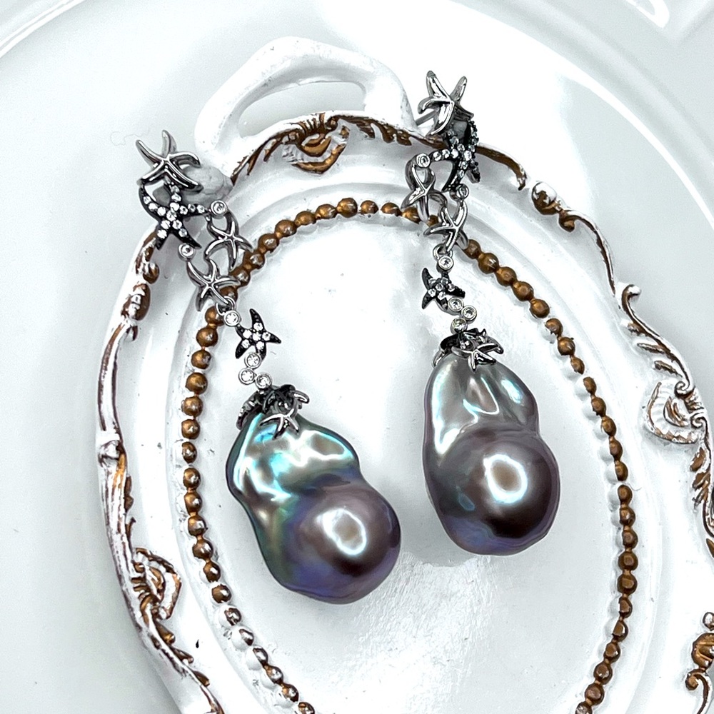 Handmade Blue Lavender Freshwater Big Size Flameball Pearl Starfish  Earrings - Picture 2 of 4